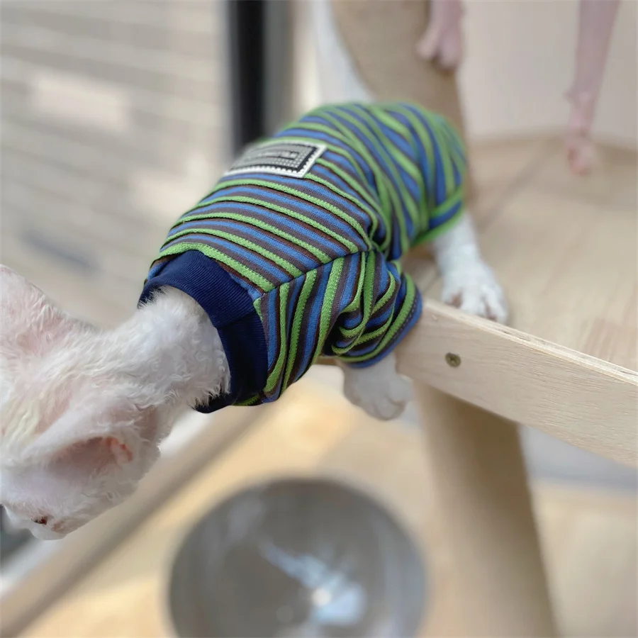 Fashion Clothing for Sphynx Cat in Summer Green Striped Cotton Pajamas for Kittens Soft Polo T-shirt for Male Cat Devon Rex Coat