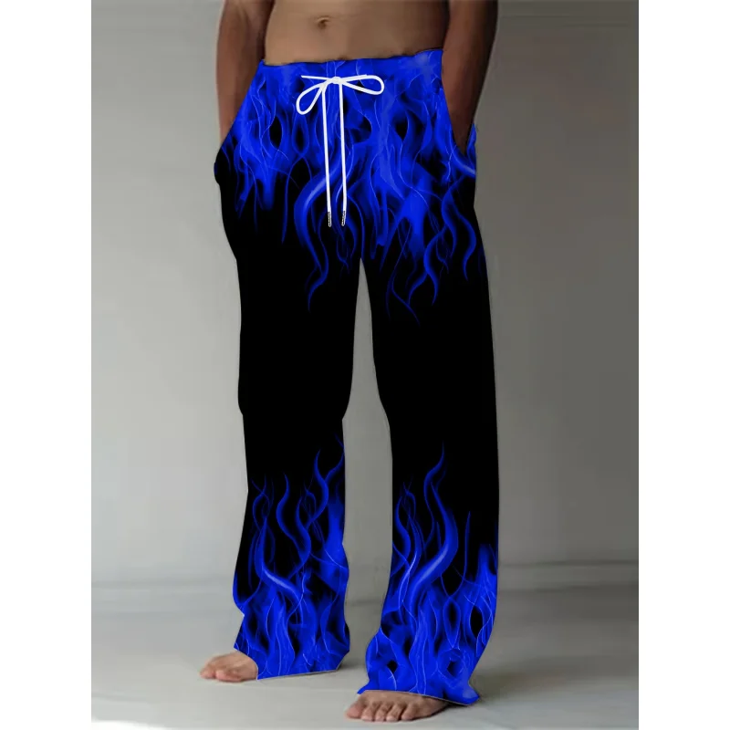 Men'S Summer Fashion Pants Casual Retro Flame Print Straight Leg Pants Men'S Loose Fit Trousers With Drawstring As Gift