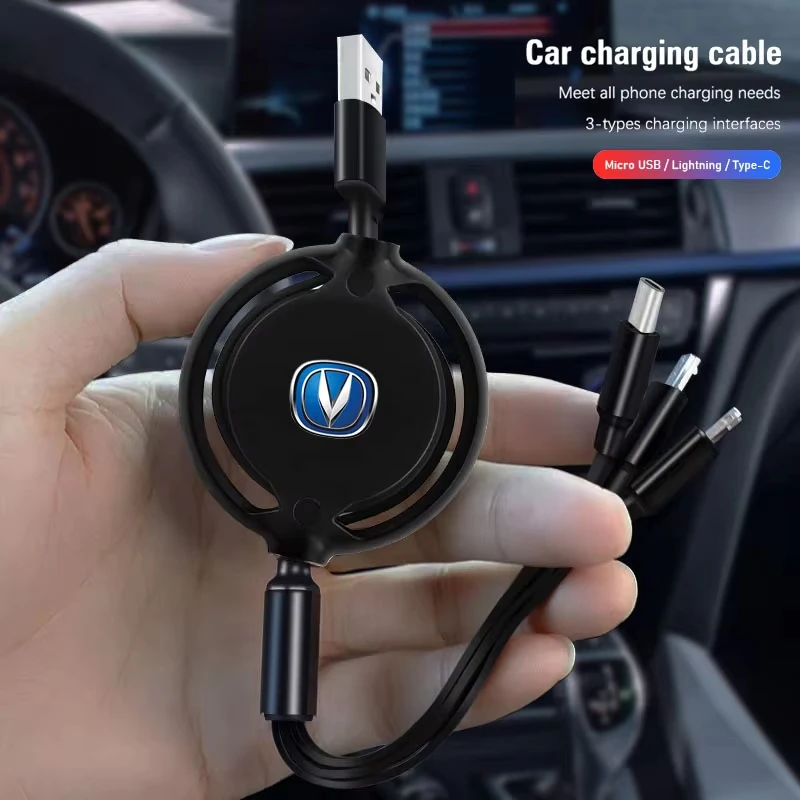 Retractable 3‑in‑1 Fast Charging Car Data Cable Multi‑Phone Charging Cord For Changan UNI‑V UNI‑T CS75 Plus CS55 Plus Deepal S07