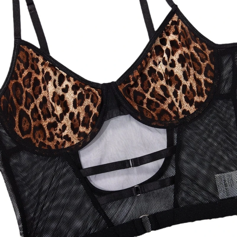 Women Sexy Lace Erotic Printed Leopard Print Hollow Out Bodysuit Breathable Bra