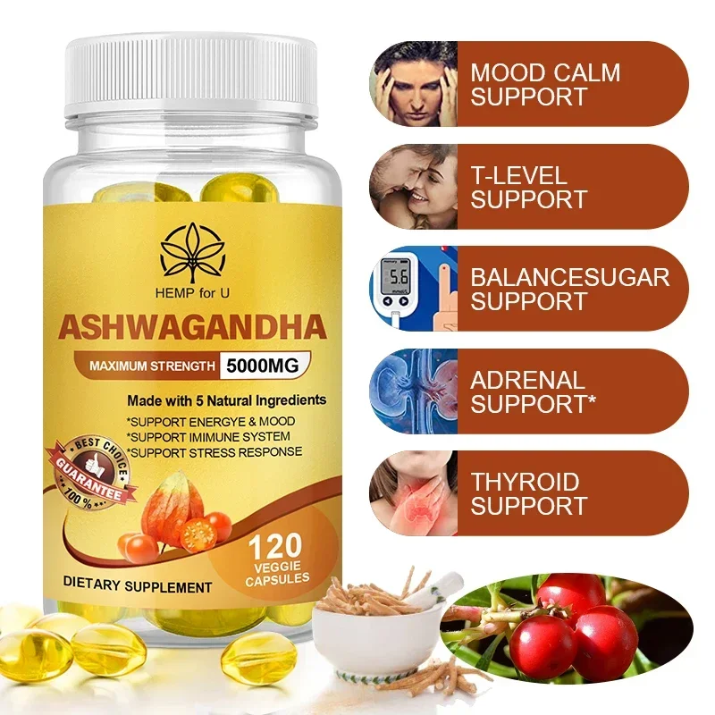 Full-Spectrum KSM-66 Ashwagandha 5000 mg Vegetarian Capsules Pure Ashwagandha Root Extract For Mood and Stress, Brain and Memory