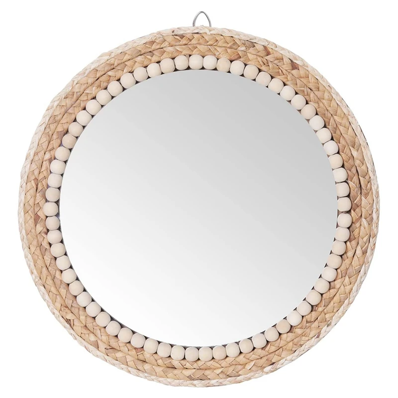 

Straw Rope Decorative Mirror Woven Straw Mirror Moroccan Wood Beads Hanging Makeup Mirrors Wall Ornaments Home Decor