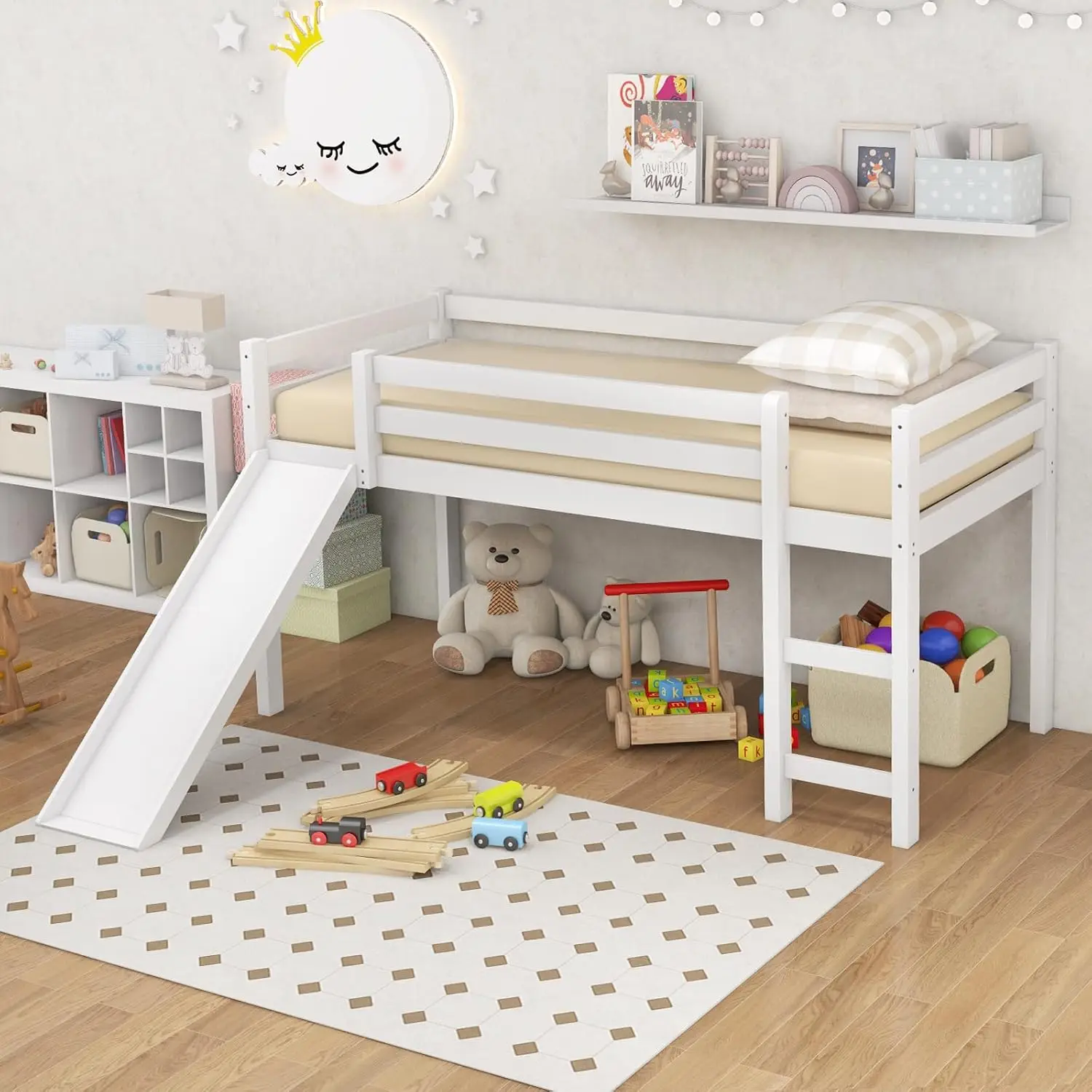 Giantex Twin Loft Bed With Slide, Wood Low Loft Bed For Kids, Toddlers, Twin Bed Frame With Climbing Ladder & Storage Space,