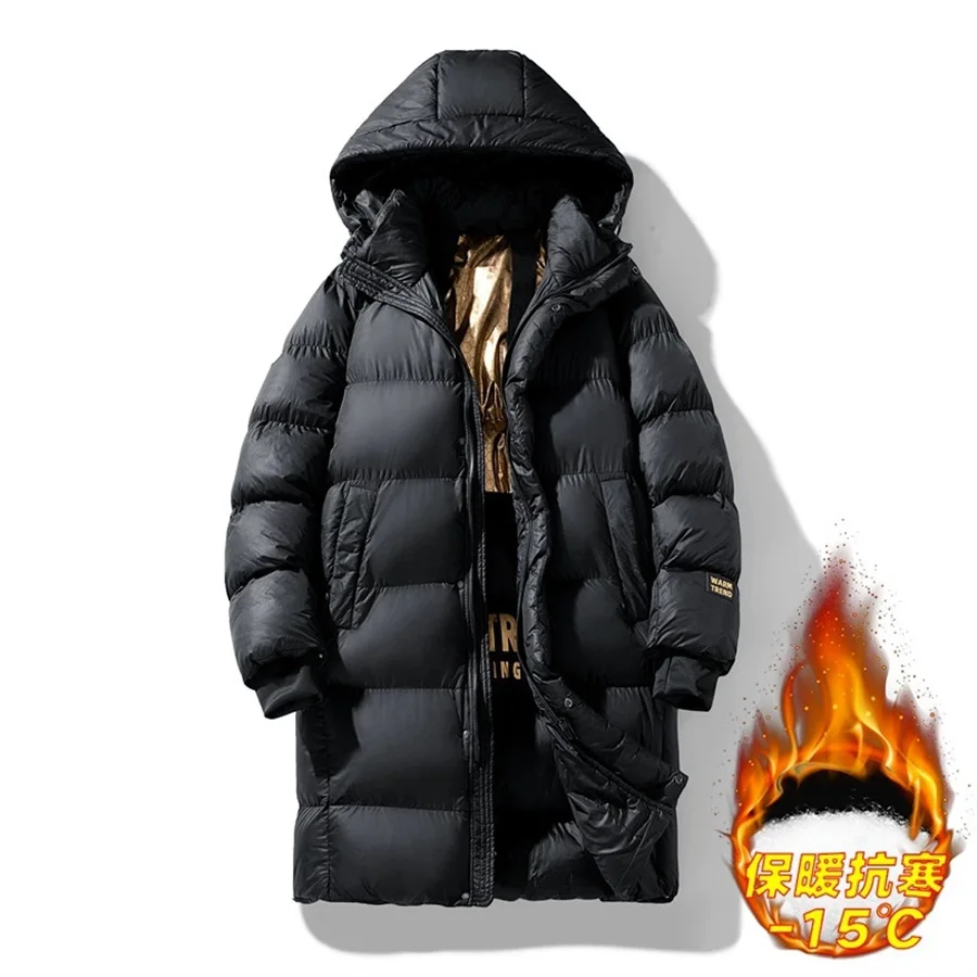 2027 New Winter Men Parkas Cotton Padded Jackets Thick Cold-proof Male Hooded Long Coat Solid Black Zipper Outdoor Man Outerwear