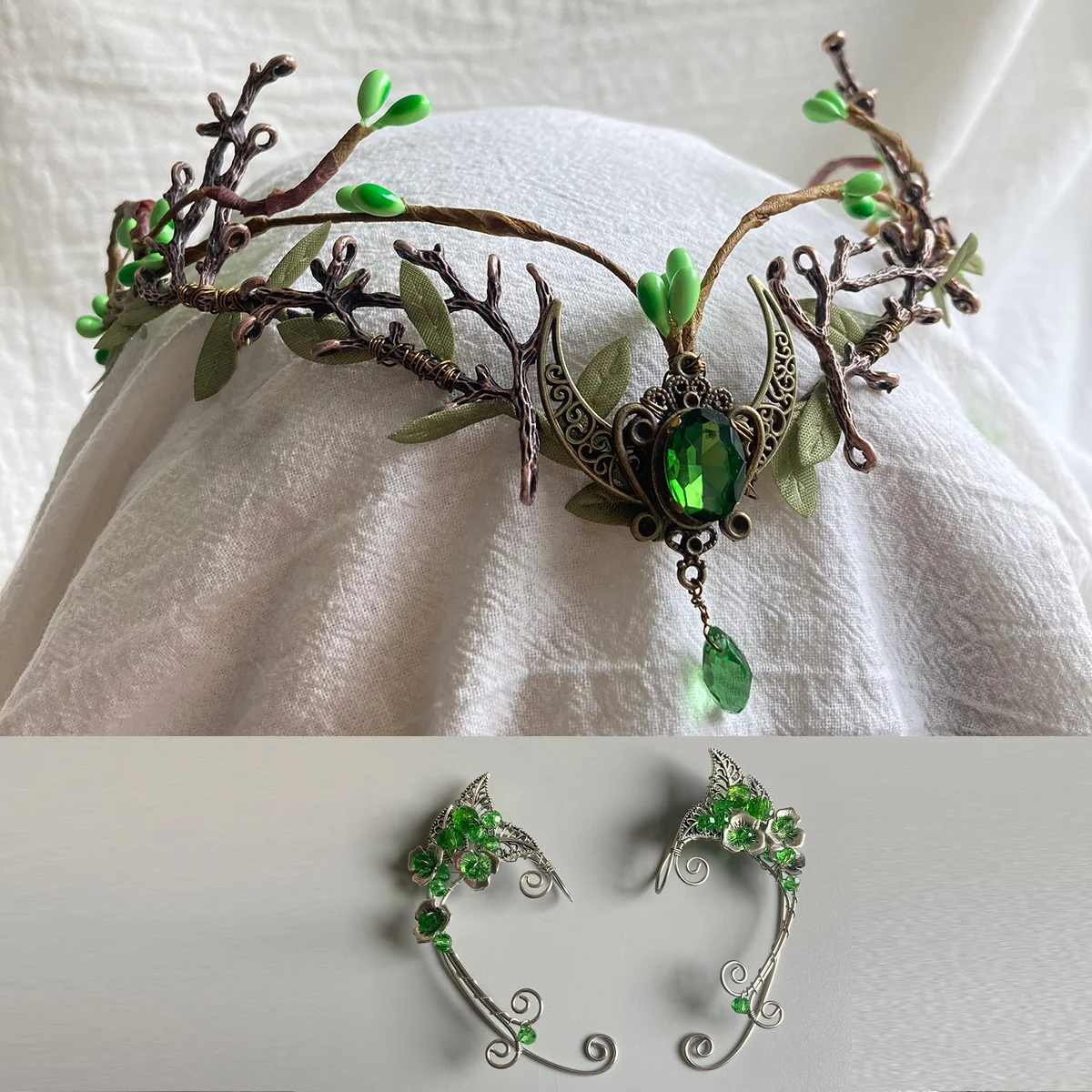 Verde Rattan Elf Ear Algemas, Nupcial Fairy Crown, Woodland Casamento Tiara, Flor Elven, Círculo Diadema, Verdura Headband