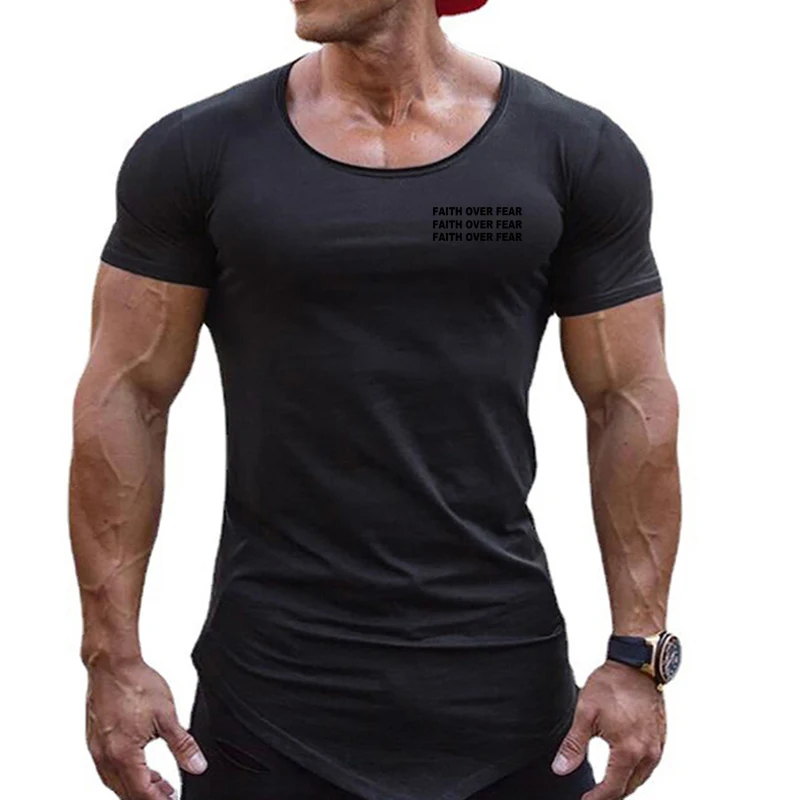 Faith Over Fear Print Short Sleeve Sport T-Shirt Cotton Breathable Slim Fit Gym Fitness Shirt Men Irregular Hem Bodybuilding Top