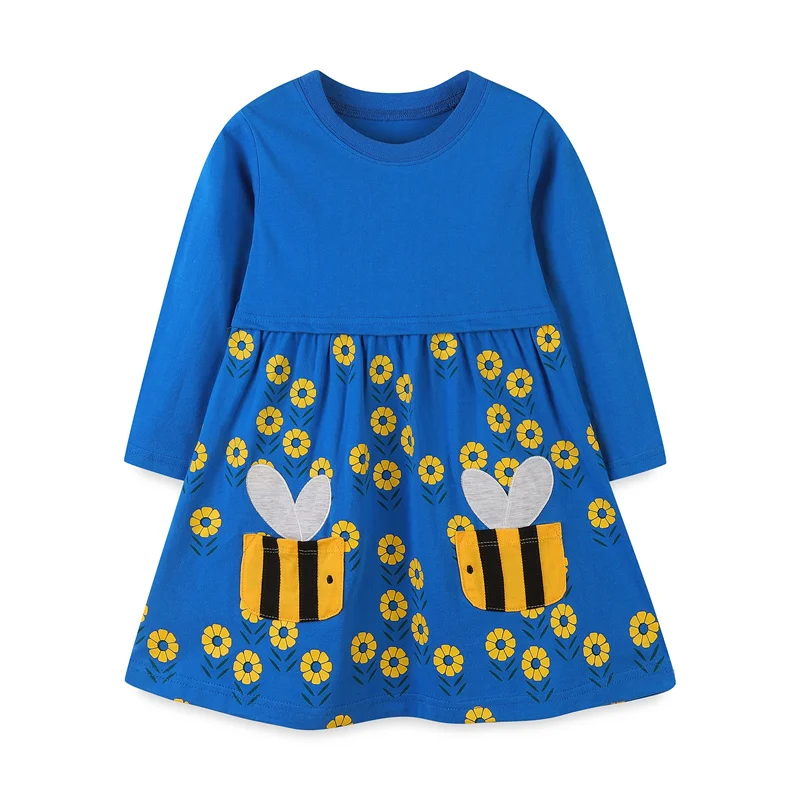 

Jumping Meters New Arrival Children's Girls Dresses Bee Embroidery Long Sleeve Cartoon Baby Clothes Princess Girls Frock Costume