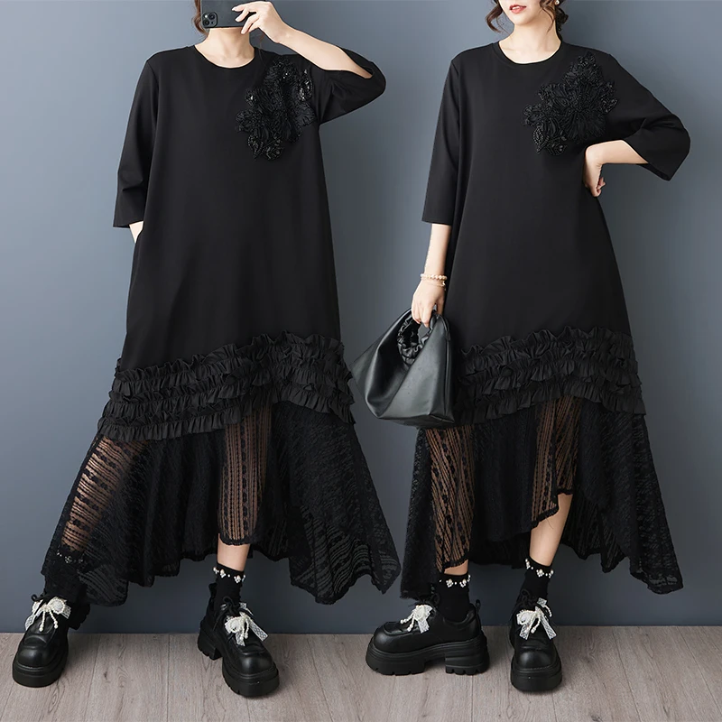 

Summer New plus Size Loose Dark Style Design Sense Craft Flower Splicing Wooden Ear Bridesmaid Dress Casual Cotton Blend