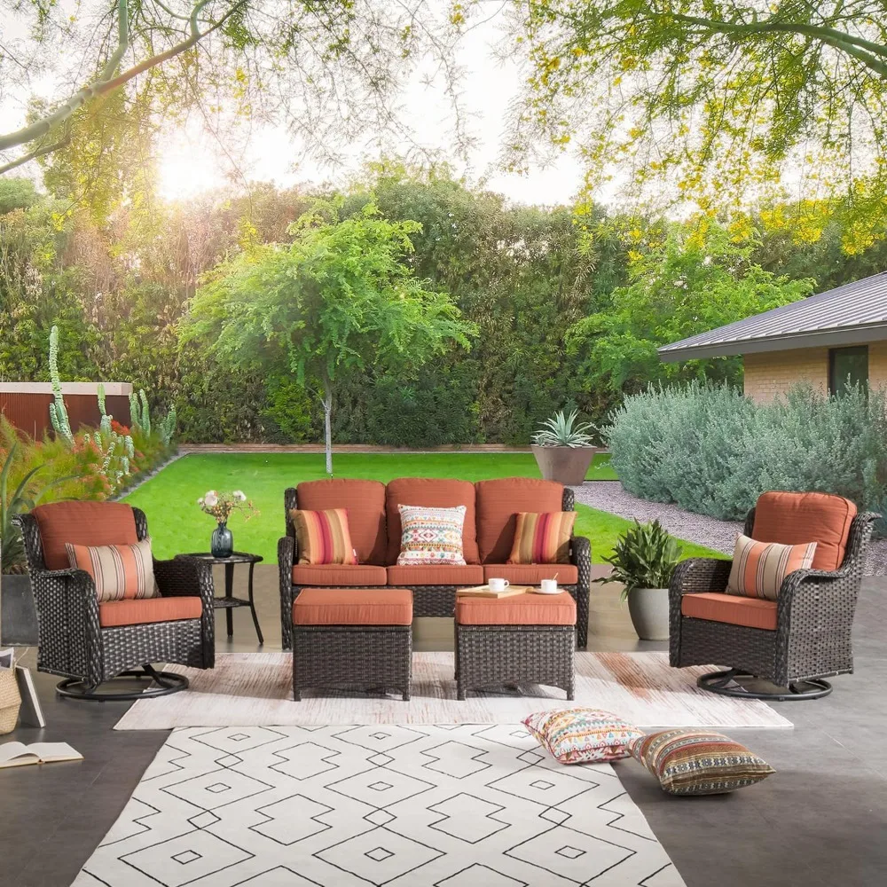 6 Piece Outdoor Wicker High Back Sofa with Swivel Rocking Chairs, Ottomans, Comfy Cushions,Brown Rattan Orange Red