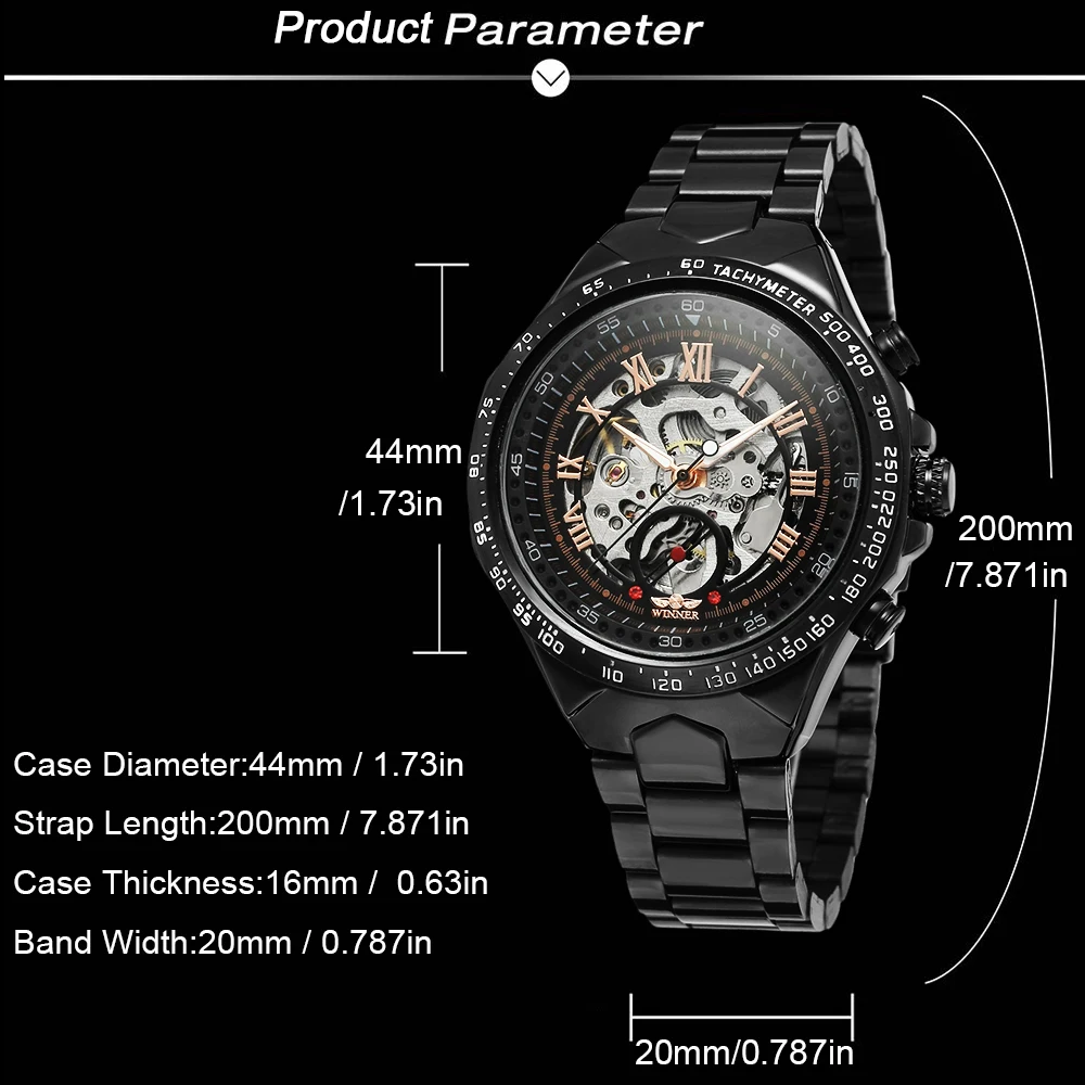 T-WINNER الرياضة الرجال التلقائي الهيكل العظمي ساعة ميكانيكية ريترو الأسود الجوف ساعة الأرقام الرومانية الصلب رجل الأعمال ساعات المعصم