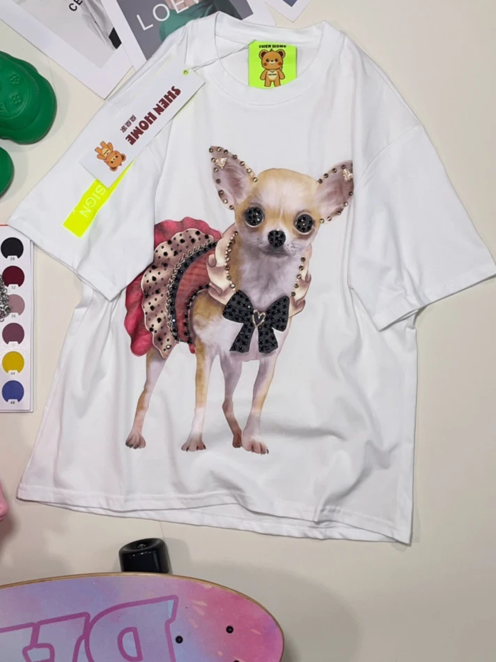 Fashion Cartoon Dog Print Round Neck Top 2024 Spring and Summer New Fashion Brand Street Short Sleeve T-shirt Women Clothes