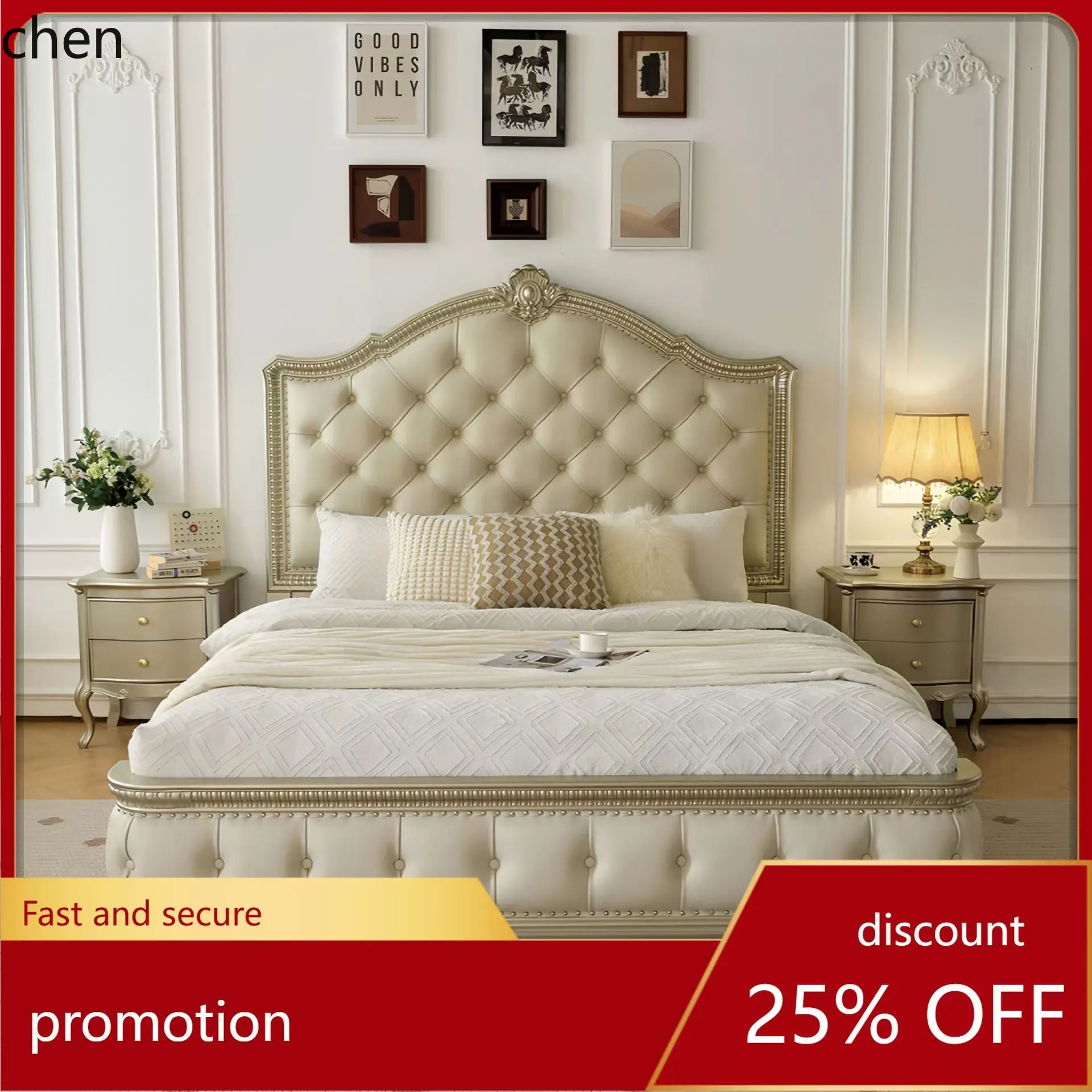 

HT Light Luxury Solid Wood Master Bedroom 1.8m Silent Large Bed New High-end Double Princess Style Wedding Bed