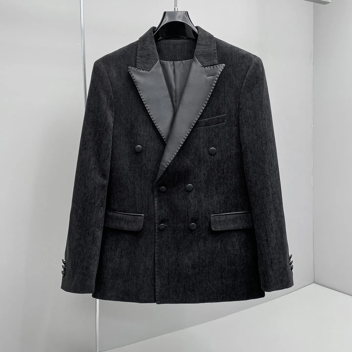 British Style PU Spliced Suit Jacket for Men Autumn Double-breasted Casual Business Blazers Slim Social Party Wedding Groom Coat