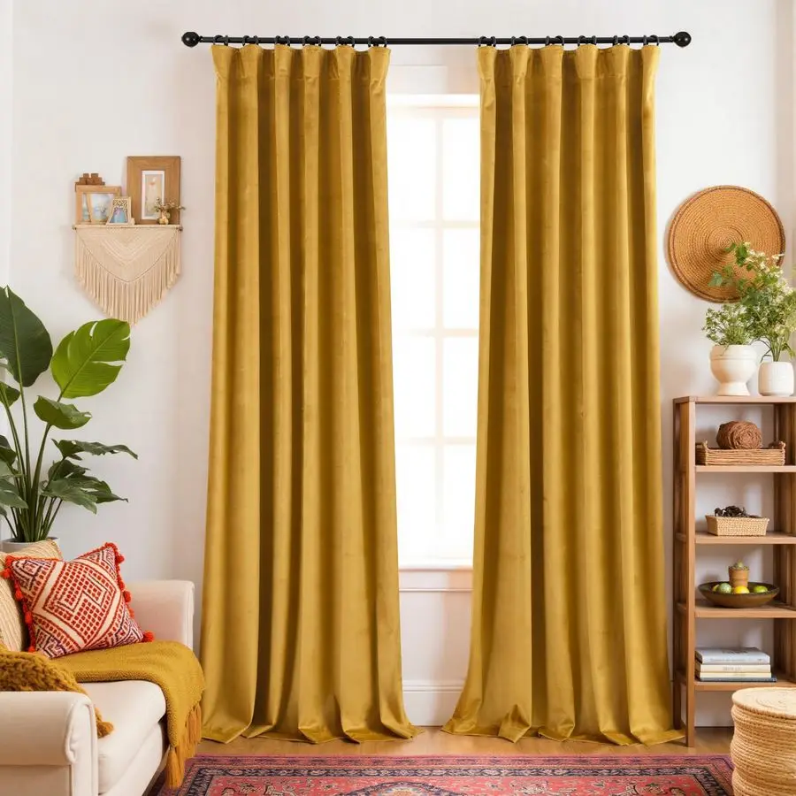 

Mustard Yellow Velvet Curtains Blackout,Back Hook Retro Mid Century Modern Curtain,Pleated MCM Vintage Boho Eclectic Curtains fo