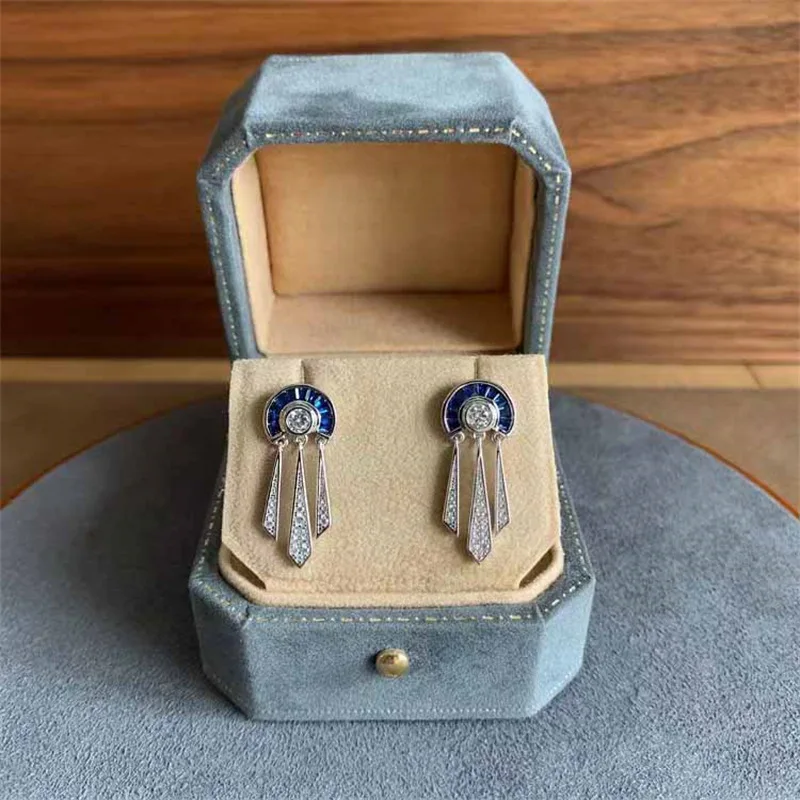 Elegant Vintage Women\'s Lab Sapphire Semicircle Tassels Zircon Drop Earrings 925 Silver Brilliant Anniversary Prom Fine Jewelry