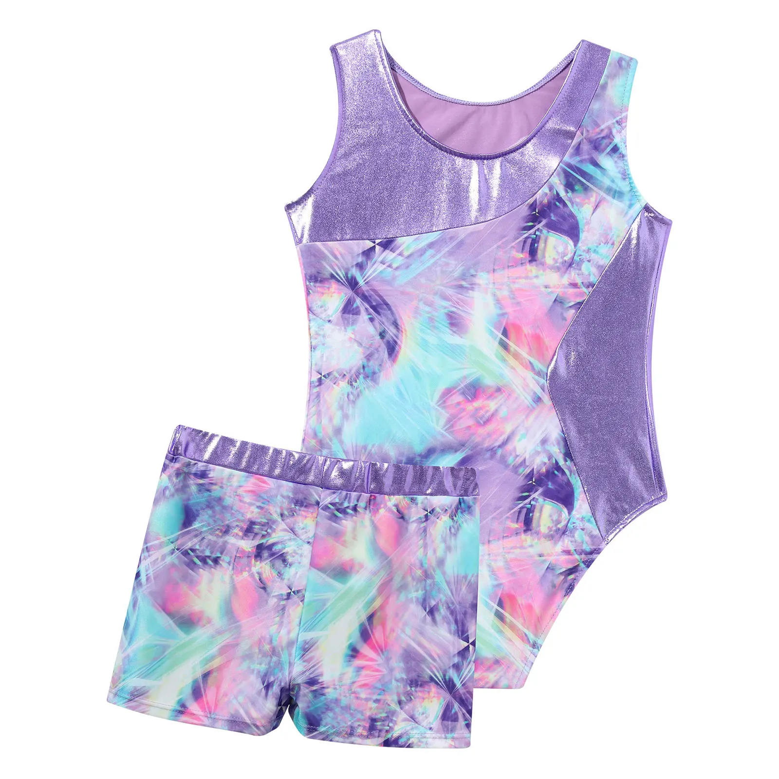 Kids Girls Printed Gymnastics Leotard Outfit 2Pcs 2024 Sleeveless Patchwork Jumpsuit+Shorts Suit Ballet Dance Costume Activewear