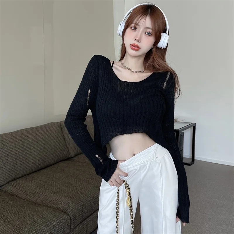 Autumn Women Sexy Hollow Round Neck Long Sleeve Irregular Knitted Sweater