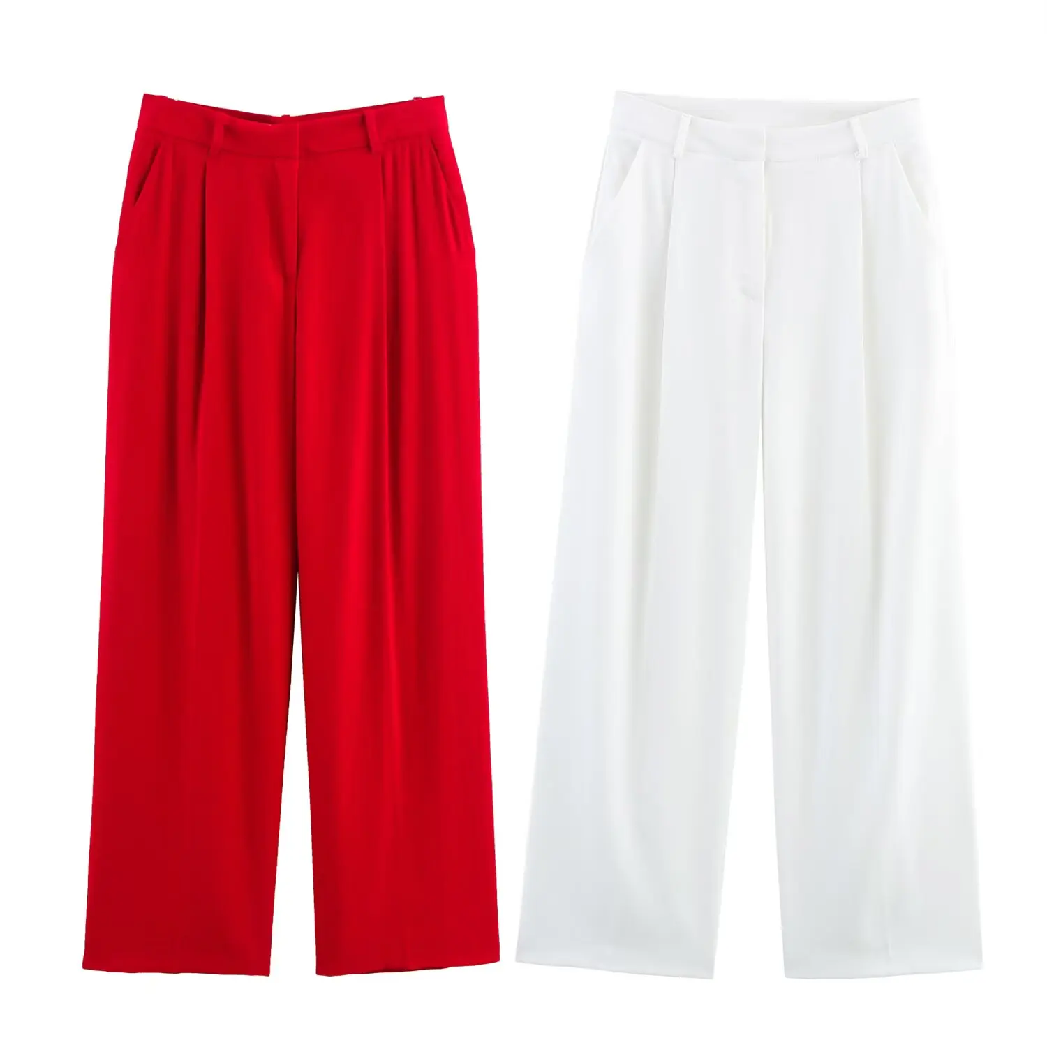 

2025 New Minimalist Solid-Color Pleated Casual Pants White & Red Two-Tone High-Waisted Loose-Fit Professional Women's Suit Pants