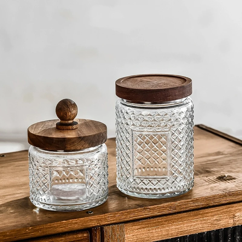 Vintage Glas versiegeltes Glas Holzdeckel Teeglas Küche Trockenfrüchte Verschiedenes Körner Vorratsglas Transparente Aufbewahrungsflasche