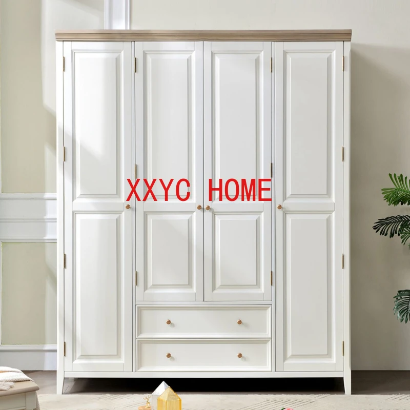 American-Style Solid Wood Wardrobe White Cream Style Household Vertical Hinged Door Bedroom Storage with Drawer