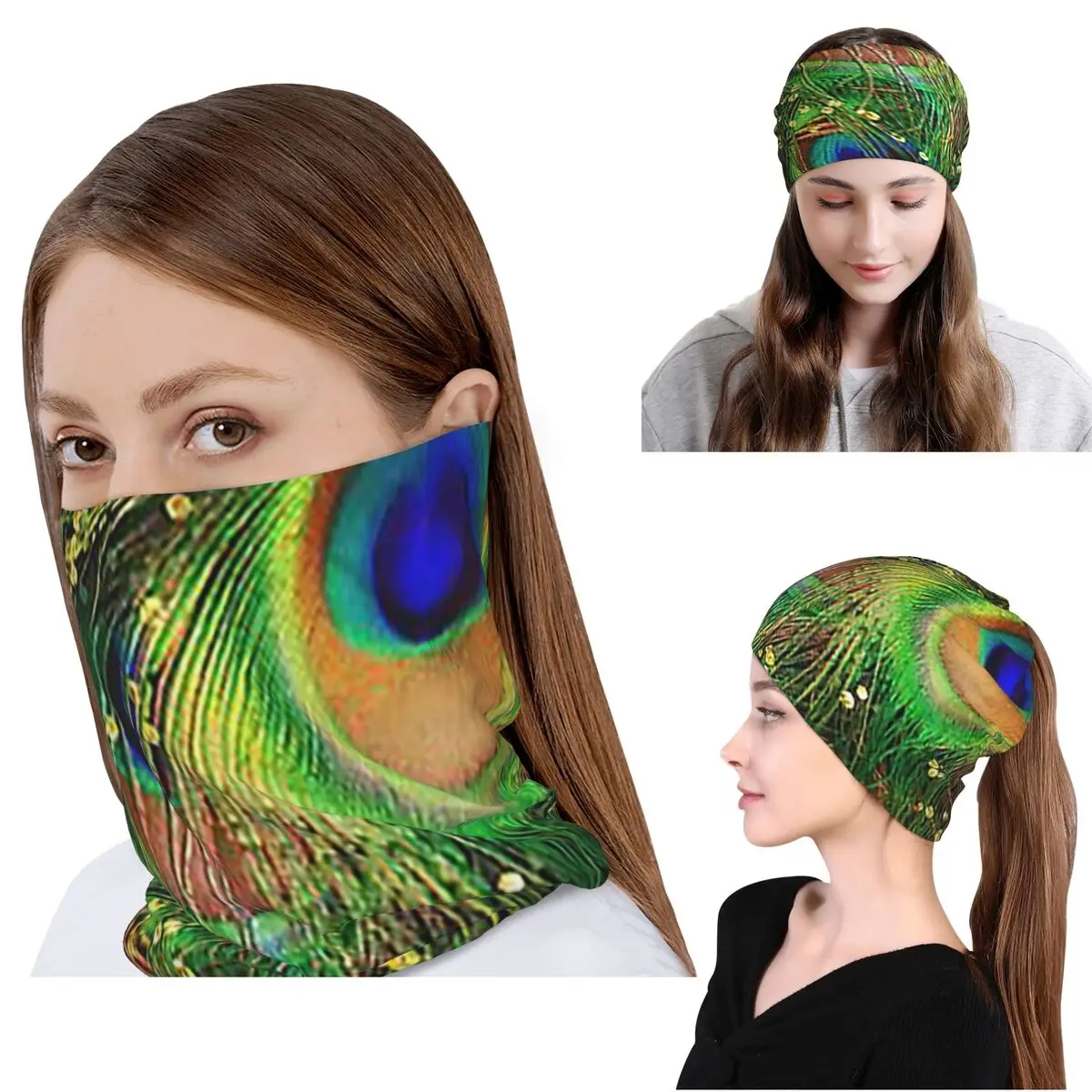 Peacock Feathers Bandana Neck Gaiter Mask Scarf Warm Headwear Beanies Hat Unisex Adult Washable