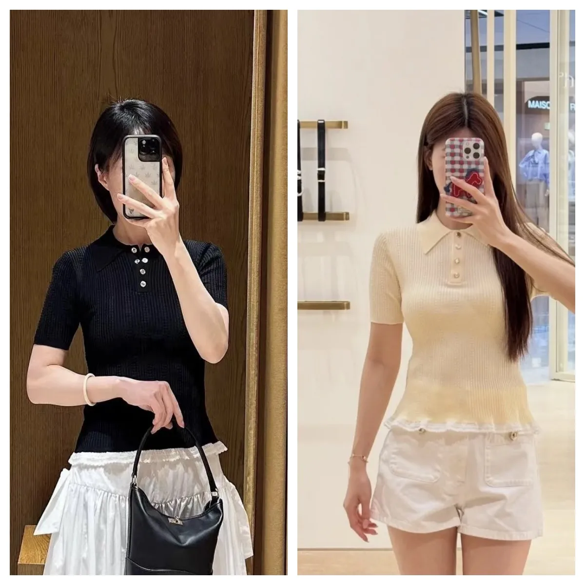

Women Knit Sweater 2 Colors Slim Short Sleeve Lace Stitching Hem Turn-down Collar Buttons Lady Simple Pullover Summer 2026