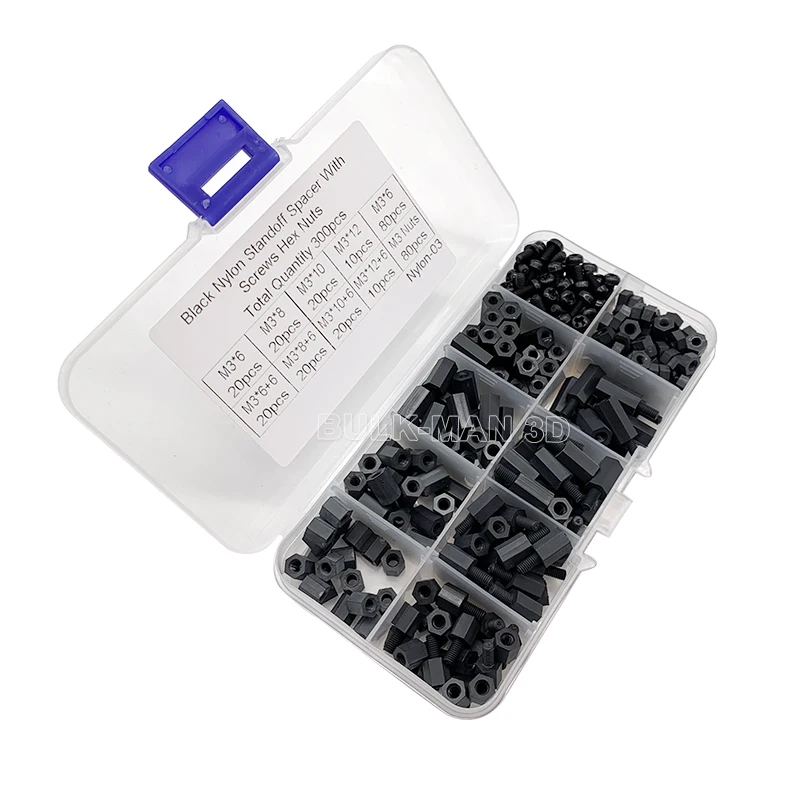 300pcs/Set M3 Nylon Black Hex M-F Spacers Plastic Spacing Screws Nuts