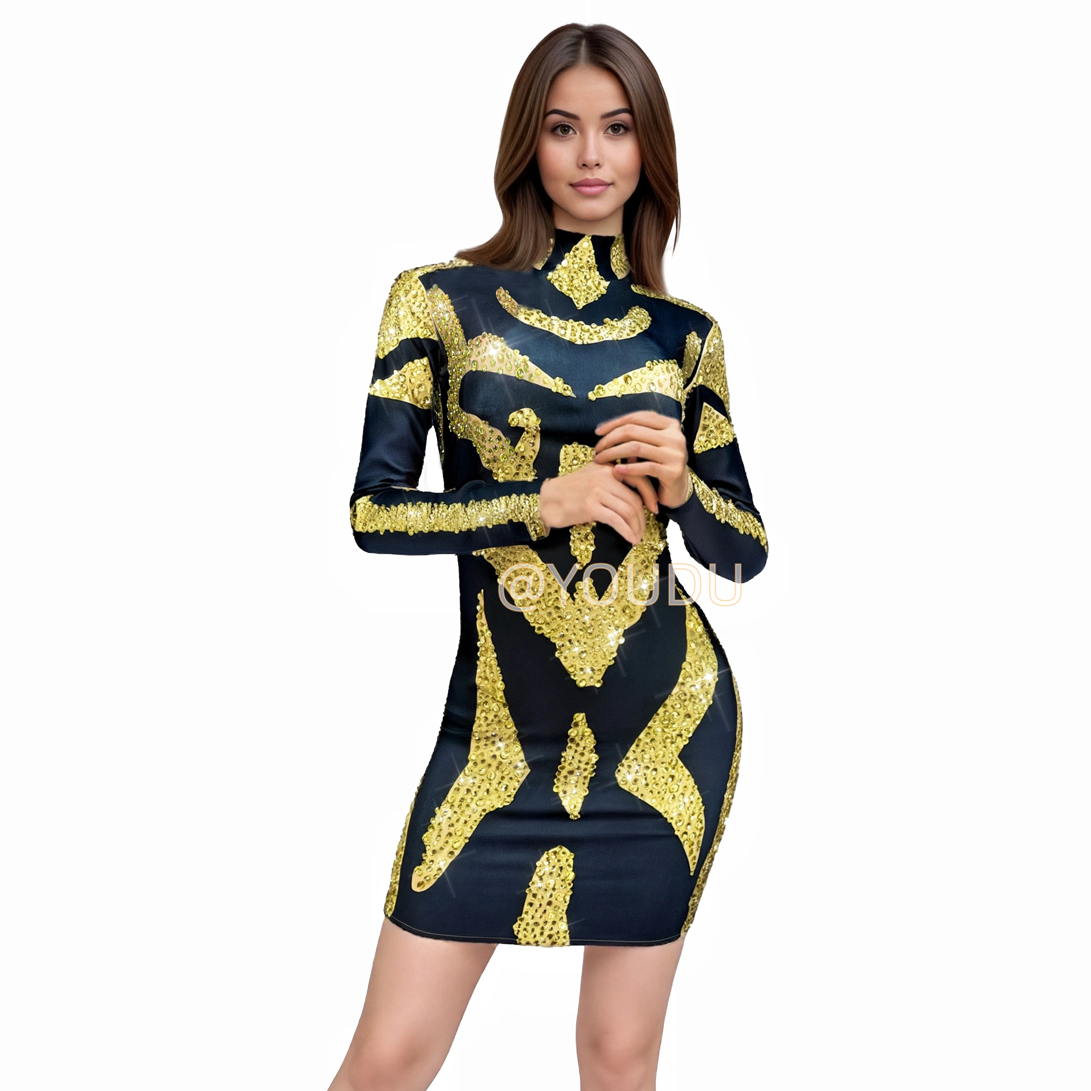 

Smiple Style Shining Gold Rhinestones Trim Fit Long Sleeves Short Dress Women Party Celebrate Fashion Show Stage Outfit Jinniu