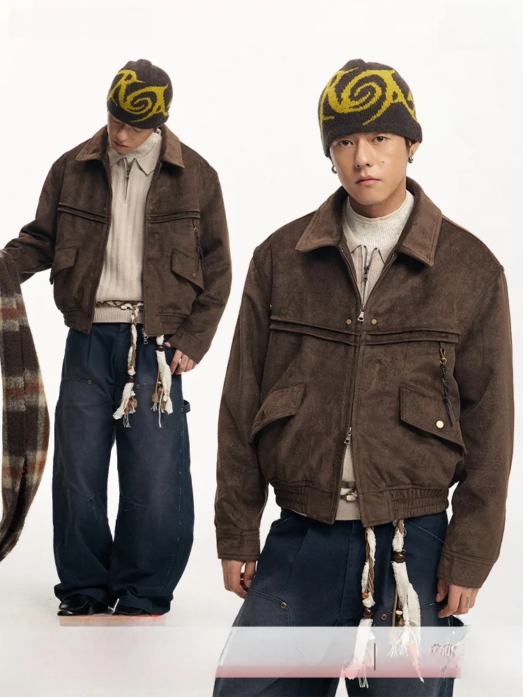 

CoosRetro American Retro Suede Workwear Jaet Collared Men's Street Sle Outerwear Windproof Long Sve Zipper Closure