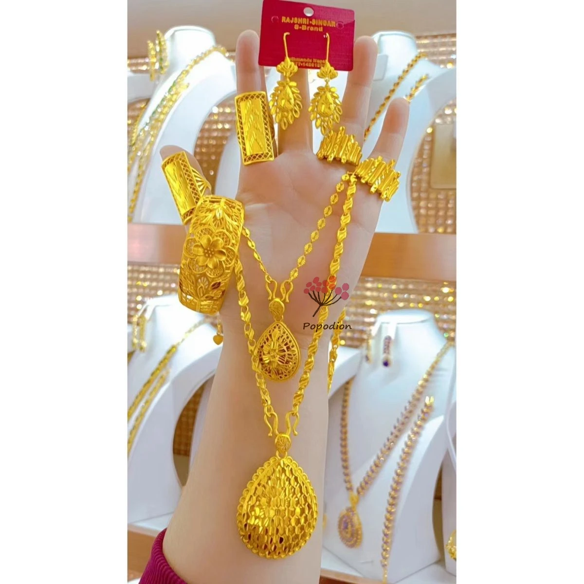 

2024 Dubai 24K Gold Plated Popodion Bridal Wedding Necklace Wedding Bracelet Ring Women's Earrings Jewelry Set Eight Piece Set