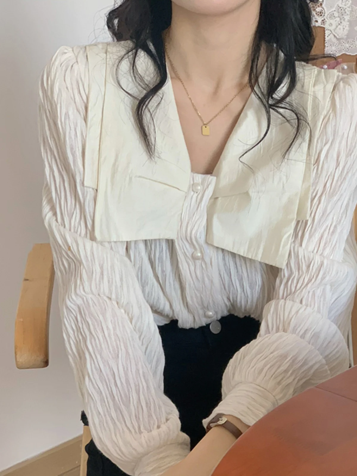 Ele Bla Long Sve V-Ne Women's irt Korean Sle Spring Faion Casual Loose Top  Knot Detail