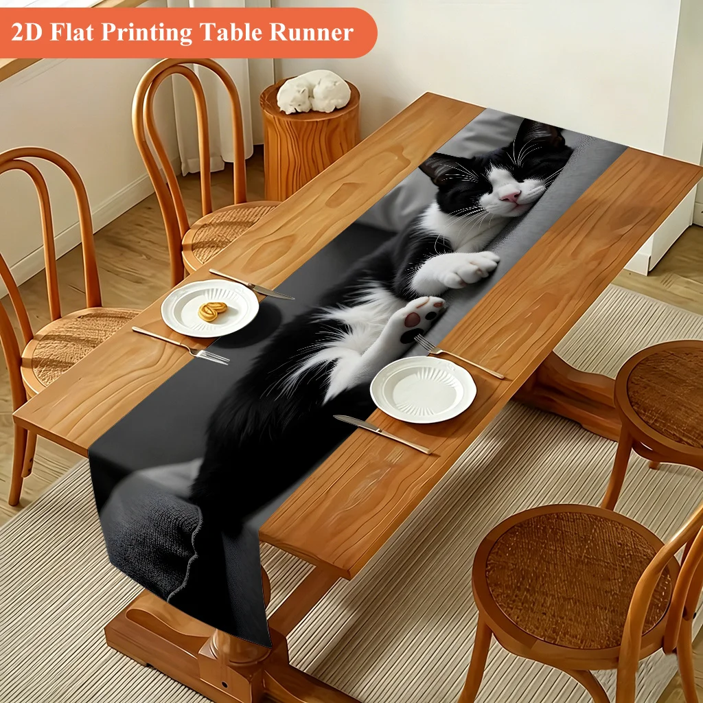 1pc 2D Flat Table Runner, Simple Modern Lazy Napping Cat Polyester Table Runner, for Festival Dining & Home Decor, Indoor