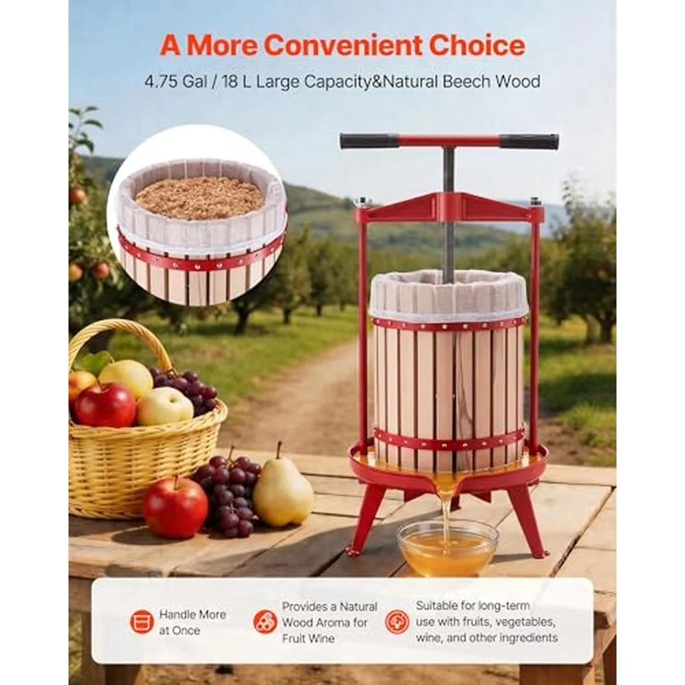 Fruit Wine Press 4.75Gal/18L Manual Juice Maker Solid Beech Wood Basket Vintage Traditional Juicer with 2 Filter Bags