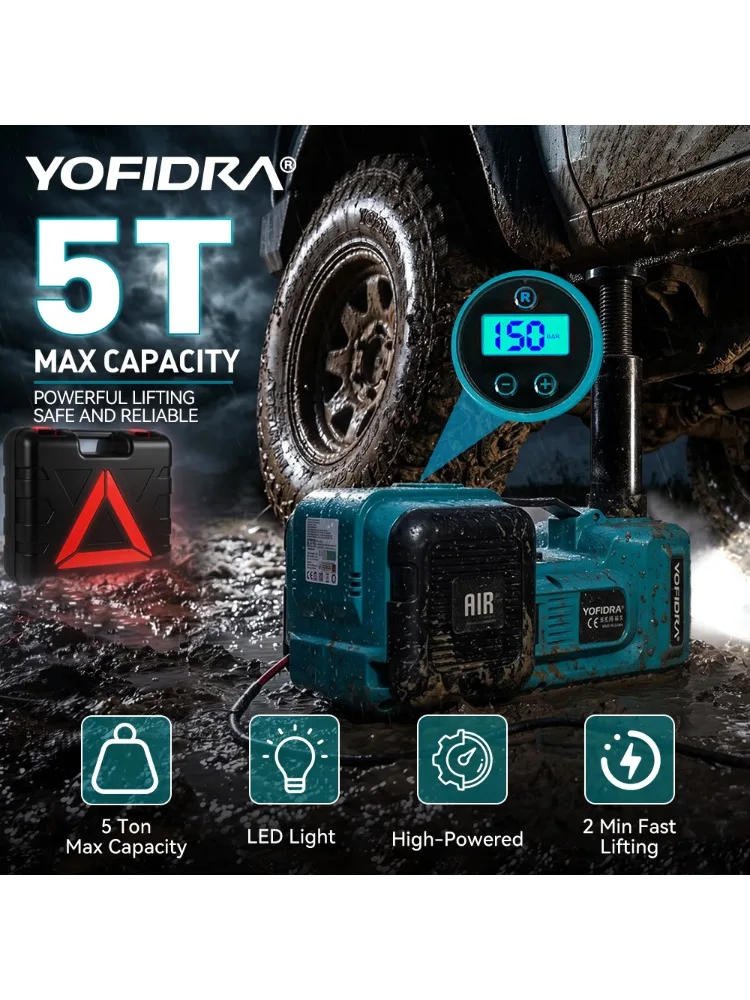 YOFIDRA 5T Elektrischer Wagenheber 150PSI Hydraulischer Fahrzeuglift Luftpumpe Kompressor Tragbarer Reifenfüller Notfall-Reparaturwerkzeug