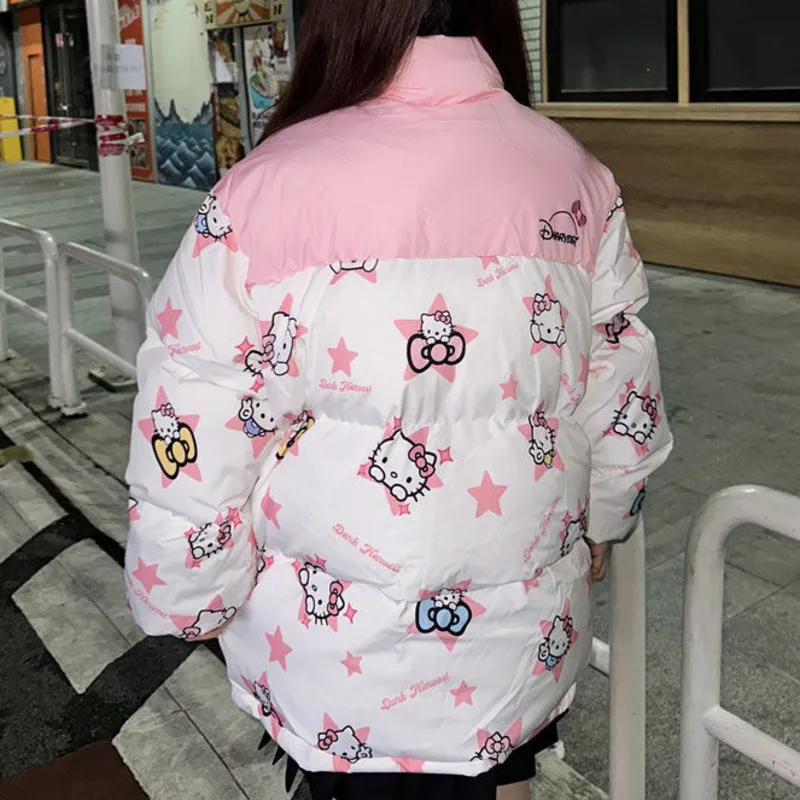 Nowa modna gwiazda China-Chic Śliczny nadruk Hello Kitty Płaszcz puchowy Dopasowana bawełniana ocieplana kurtka Chleb Kurtka Damska odzież zimowa