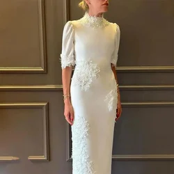 Elegant High Collar Prom Dresses Chic Half Sleeves Lace Appliques Straight Gowns Floor Length Evening Wedding Party Dresses