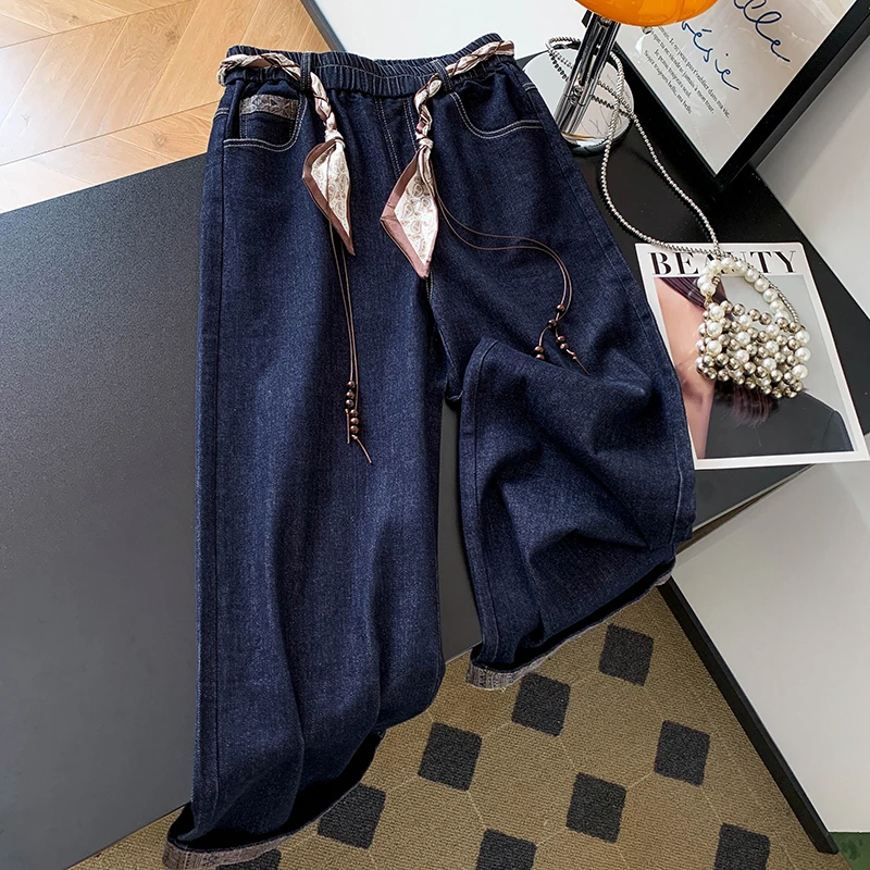 High Waist Wide Leg Denim Jeans Women's Vintage Slim Scarf Belt Straight Leg Pants Casual Cotton Long Trousers Autumn 2025