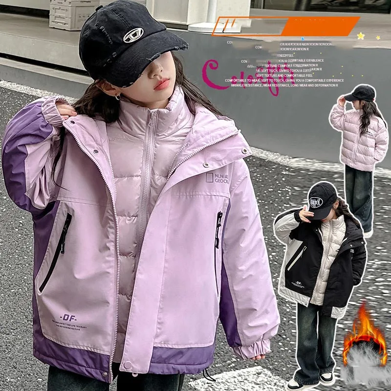 ZOETOP Winter Children Girl 2-Piece Sets Teenager Girl Down Zipper Sweat Jackets+Thicken Outdoor Jacket Set For Girls 4-12Yrs