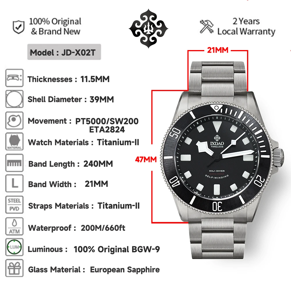 New IPOSE IX&DAO LHD Men's Titanium Mechanical Watches Sapphire Stainless Steel Diving Automatic Watches PT5000 BGW-9 Clock