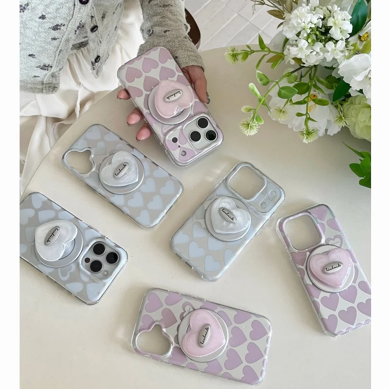 

Luxury Plating Silver Cute Love Heart Pattern Magnetic Phone Case For iPhone 17 Pro 16 15 14 Pro Max Cover with Stand For Magsaf