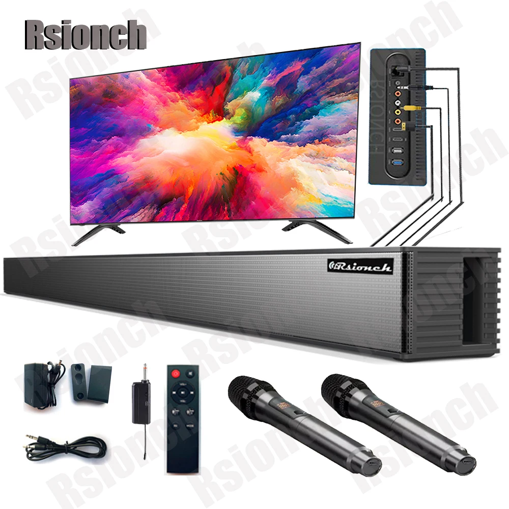 Rsionch 홈 시어터 노래방 사운드바, 무선 마이크 리모컨 포함, 60W 블루투스 스피커, TV 노트북 프로젝터용