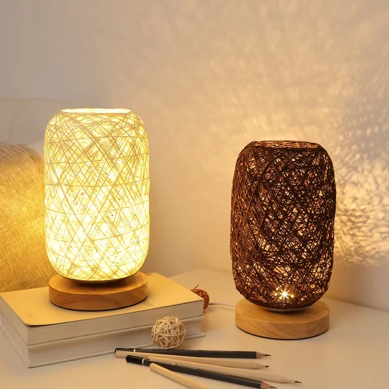 Personalized Decoration Creativity For Bedroom Headboard Dimmable LED Night Light Wooden Hemp Thread Rattan Ball Table Lamp