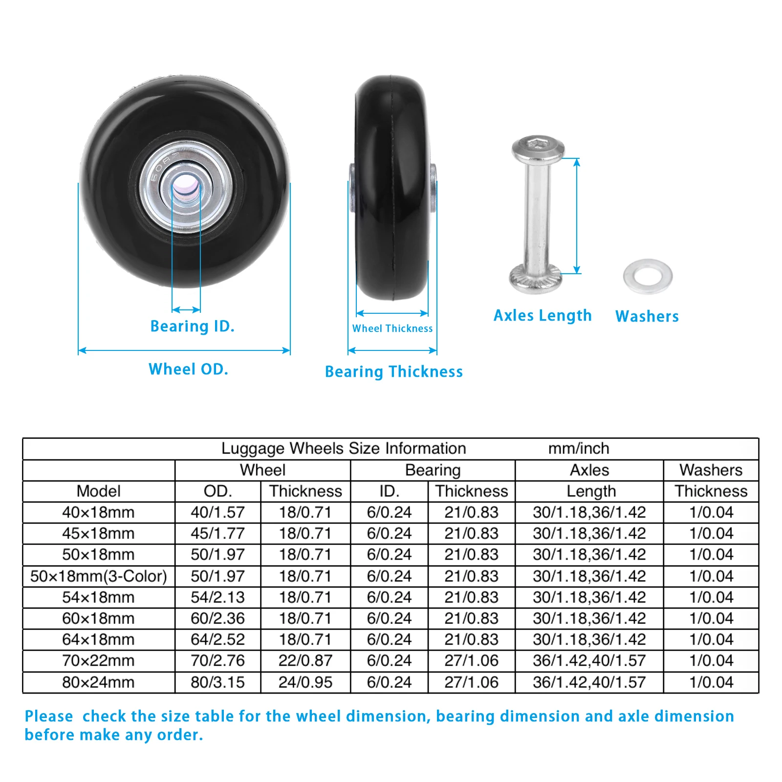 ORO Replacement Wheels for Suitcases, 40/43/45/50/54/60/64/68/70/75/78/80/87/90 mm, 8 mm, Transmitter Bearings, ID Rubber Wheels, 1 Pair of Mute Luggage, Suitcase, Spare Wheels, 43 x 18 x 8 mm