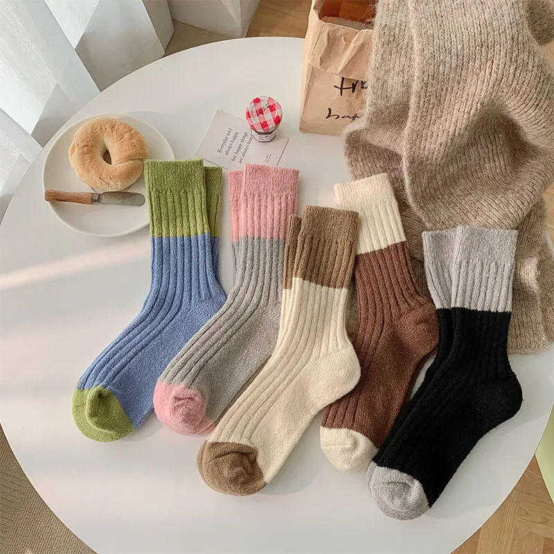 

Осенне-зимние толстые теплые женские носки, модные кашемировые шерстяные носки с цветными блоками, термодлинные спортивные носки для девочек