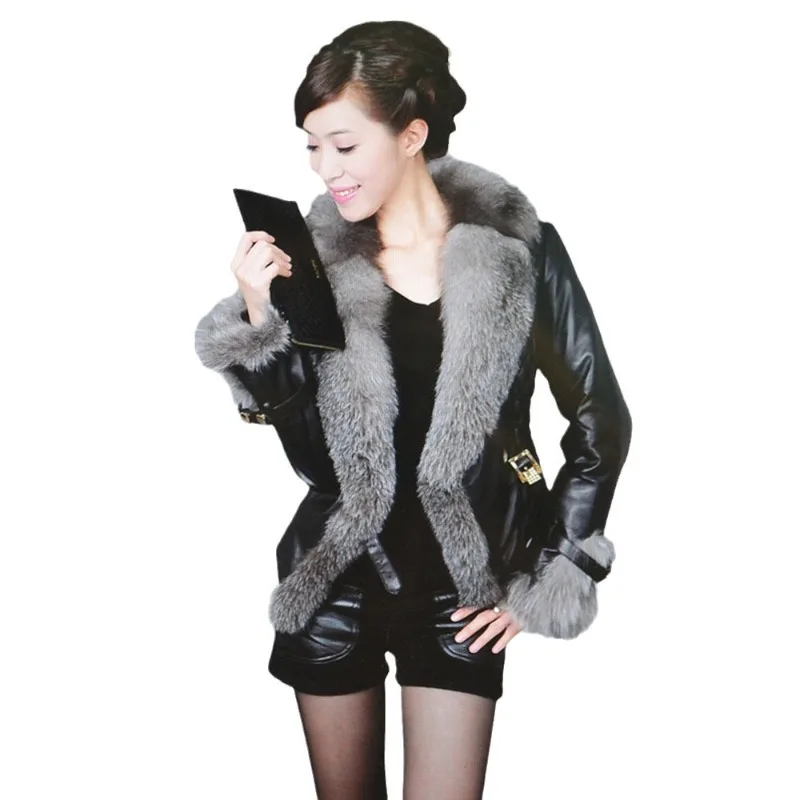 جديد الشتاء سترة جلدية المرأة معطف تقليد الثعلب الفراء طوق معطف قصير لصق بولي Leather سترة جلدية الإناث أنيقة ضئيلة ملابس خارجية