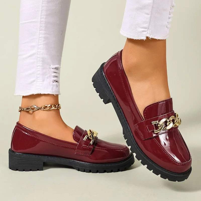 Block Heel Single Shoes Fashion Round Toe Deep Mouth Metal Chain Slip-on Platform Loafers