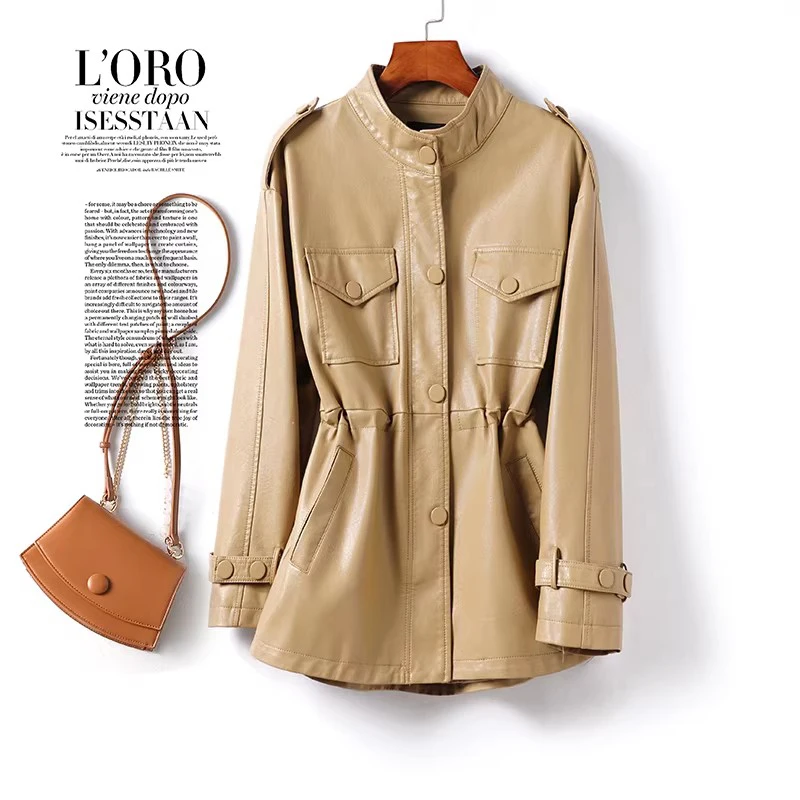 Nueva Chaqueta Corta Casual de Cuero Sintético para Mujer, Moda Primavera Otoño, Cuello Alto, Cintura Ajustable con Cordón, Chaqueta Holgada para Mujer