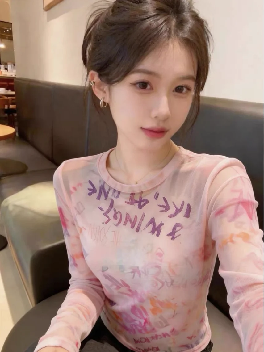 

Pink Letter Print Long Sleeve Mesh T-Shirt Women's Summer New Sweet Anti-aging Sunshade Shirt Elegant Lady Style Commute Wear