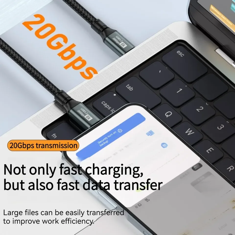 USB 3.2 20Gbps Type-C Data Cable Support 4K 8K Display 100W 5A PD QC Fast Charging Cord for Phone15 Tablet Laptop Docking Hub