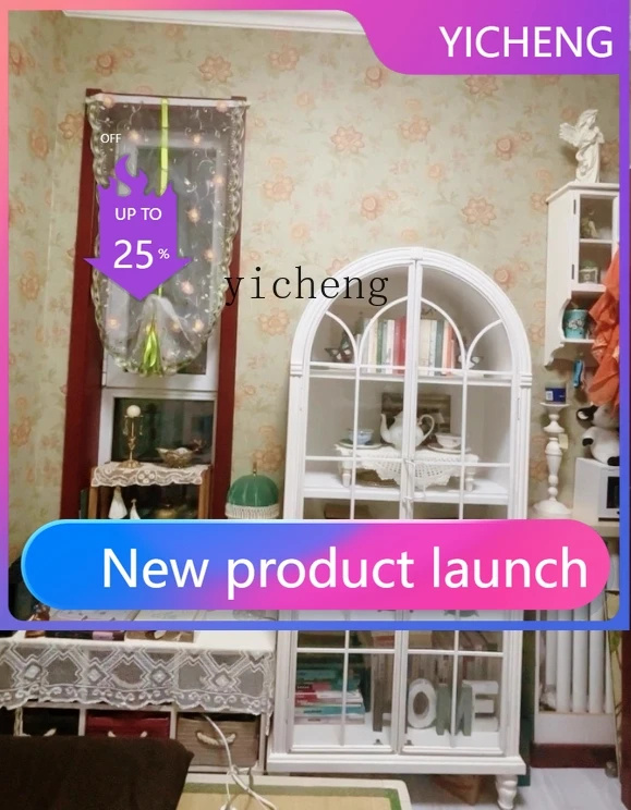 

A2-2arched bookcase with glass cabinet door white solid wood retro bookshelf living room storage display cabinet